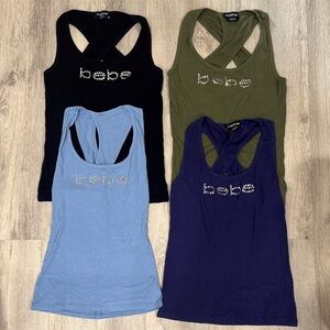 Bebe Women's Racerback Tank Tops Lot of 4 Black, Olive, Light Blue &Dark Purpl3